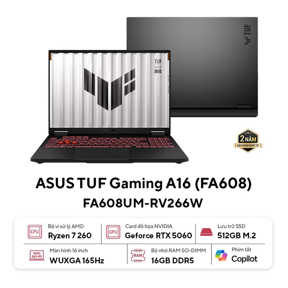Laptop ASUS TUF Gaming A16 FA608UM-RV266W (AMD Ryzen 7 260/16GB/512GB/RTX 5060 8GB/16 inch FHD+ 165Hz/Win 11/Xám)