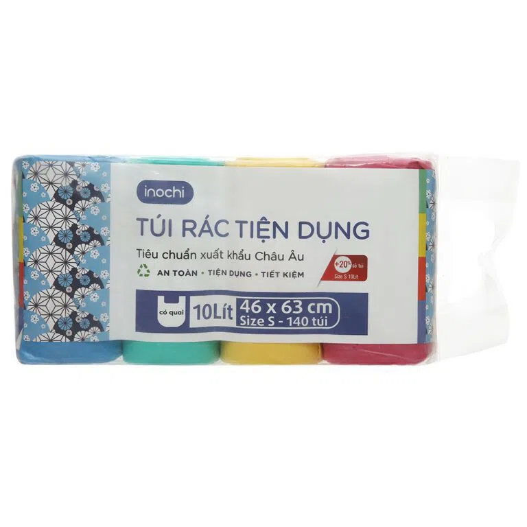 Lốc 4 cuộn túi rác màu quai xách Inochi 46x63cm