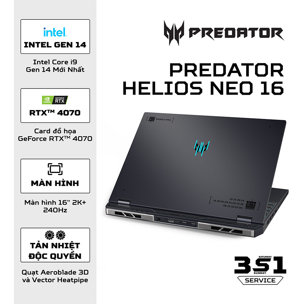 Laptop Acer Predator Helios Neo 16 PHN16-72-950P NH.QNMSV.001 (Thông số: Intel Core i9-14900HX | RTX 4070|Ram 32GB | 1TB | | 16 inch WQXGA | Win 11 | Đen) ảnh 1