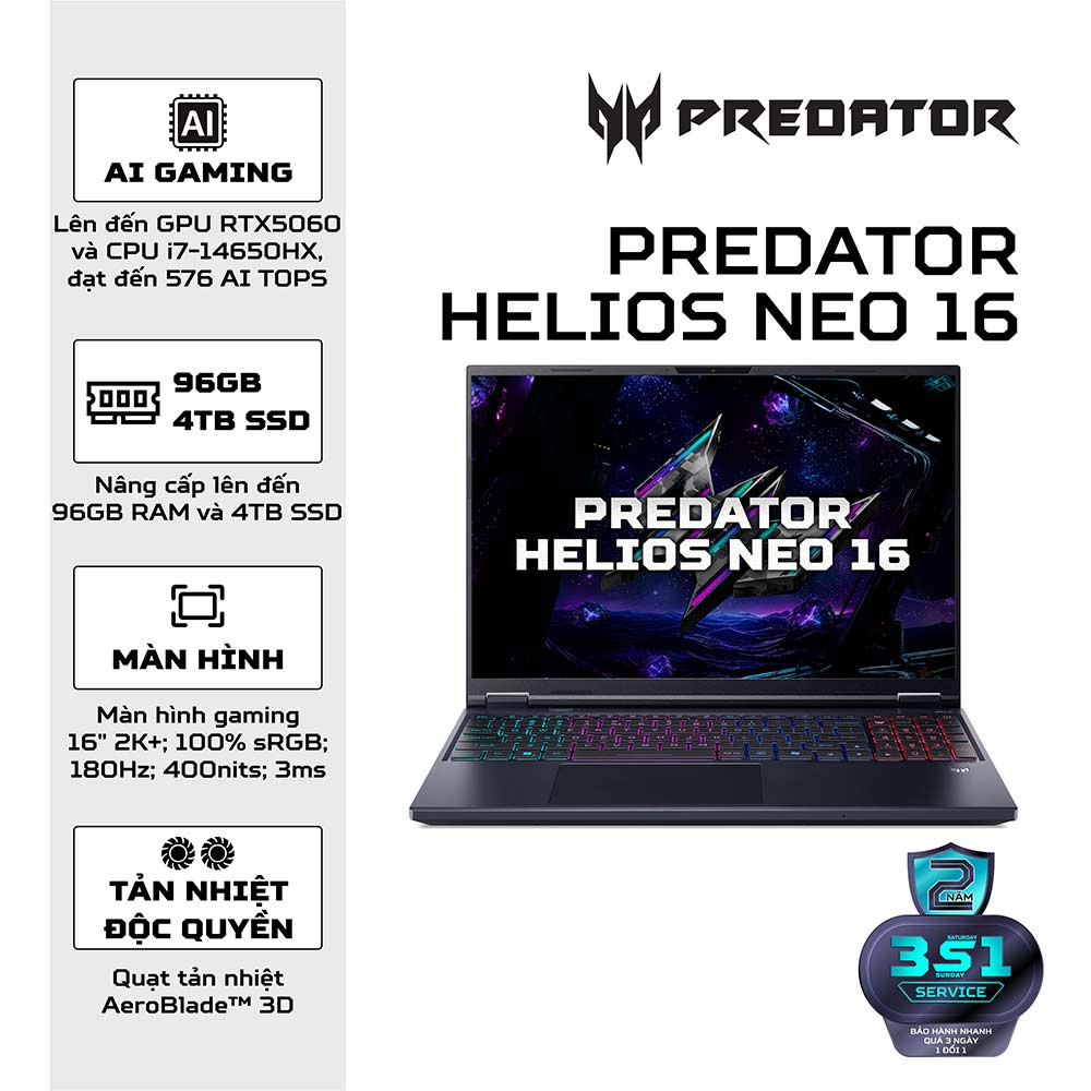 Laptop Acer Gaming Predator Helios Neo 16 PHN16-I31-74MN NH.U4SSV.002 (Thông số: Intel Core i7-14650HX | RTX 5050 8GB GDDR7 | 16inch FHD+ |Ram 32GB |SSD 512GB | Windows 11 Home | Đen) ảnh 1