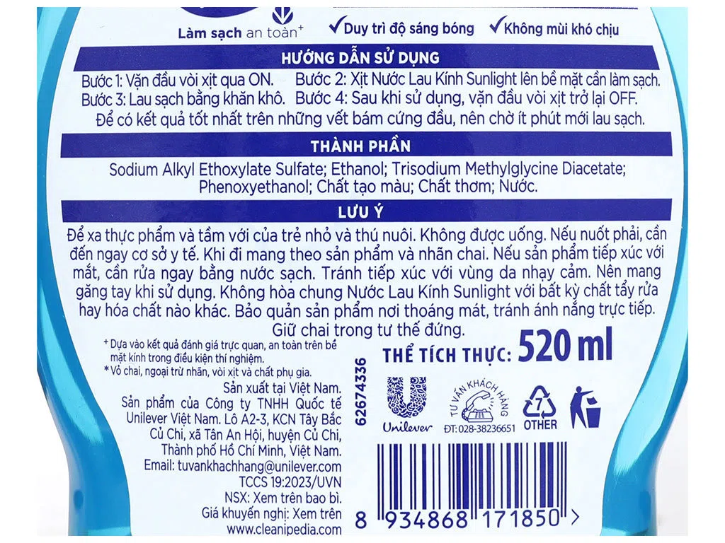 Nước lau kính siêu nhanh Sunlight chai 520ml ảnh 4