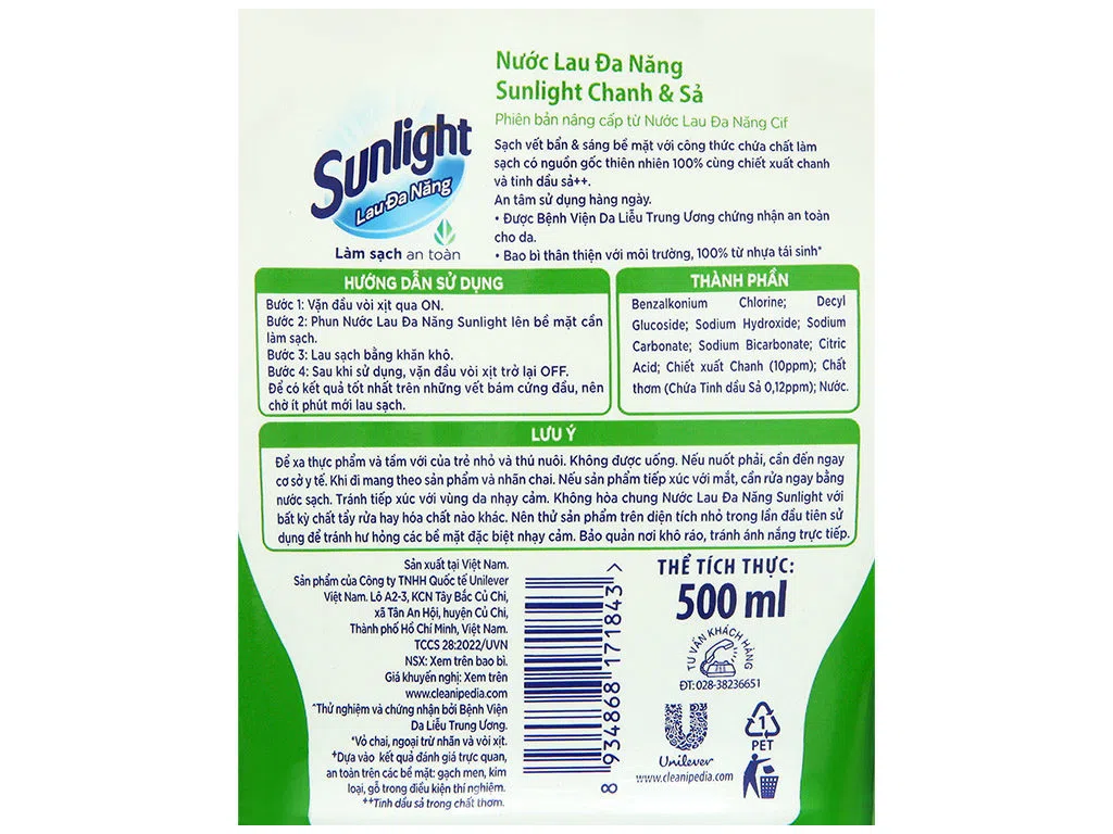Nước lau đa năng Sunlight hương chanh sả chai 500ml ảnh 4
