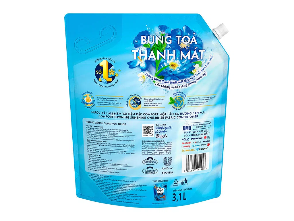 Nước xả vải Comfort đậm đặc một lần xả hương ban mai túi 3.1 lít ảnh 2