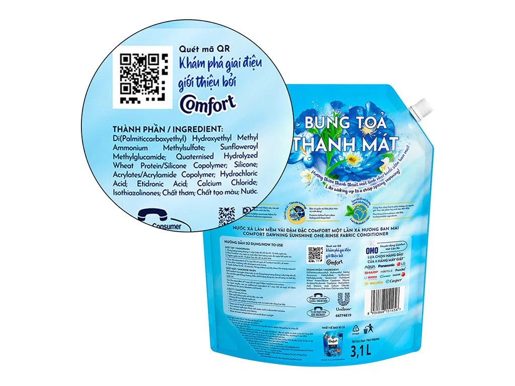 Nước xả vải Comfort đậm đặc một lần xả hương ban mai túi 3.1 lít ảnh 3